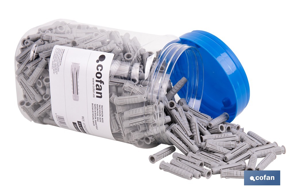 Bote de tacos de nylon multimaterial de 4 segmentos con sistema Anti-Spin | Con collarín de expansión, adecuado para cargas ligeras | Disponible en tres medidas - Cofan