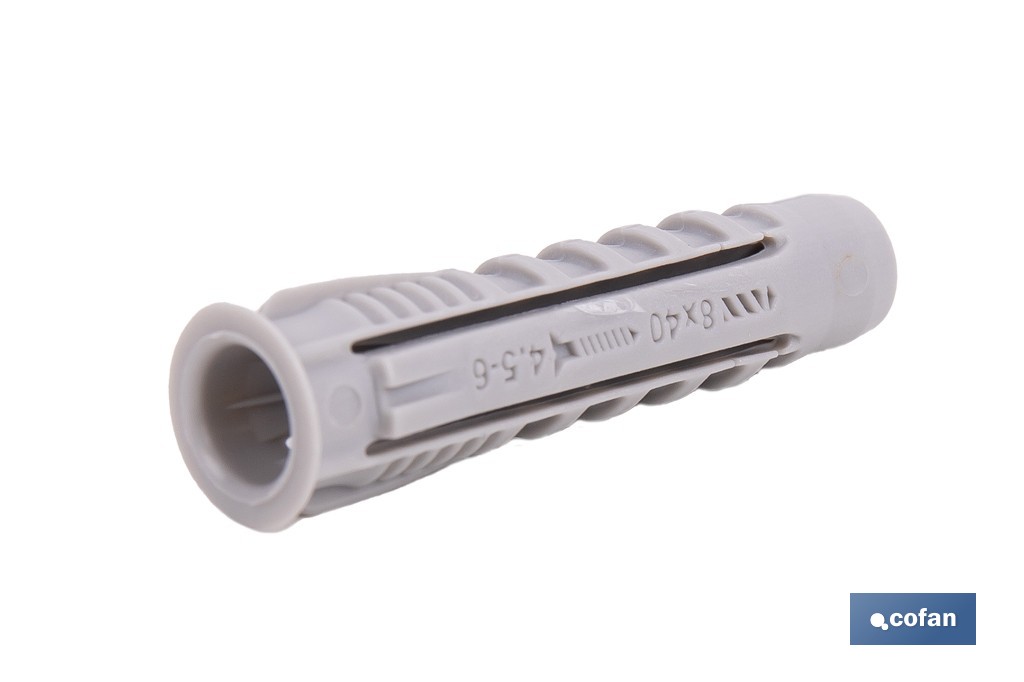 Bote de tacos de nylon multimaterial de 4 segmentos con sistema Anti-Spin | Con collarín de expansión, adecuado para cargas ligeras | Disponible en tres medidas - Cofan