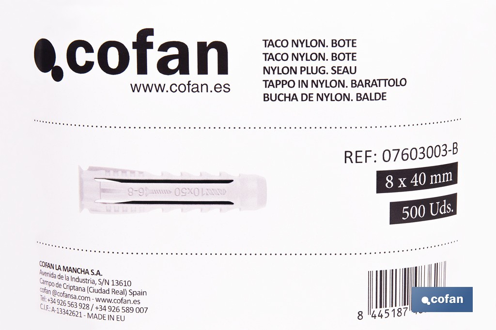 Bote de tacos de nylon multimaterial de 4 segmentos con sistema Anti-Spin | Con collarín de expansión, adecuado para cargas ligeras | Disponible en tres medidas - Cofan
