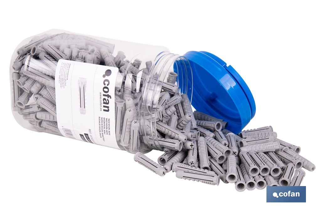 Bote de tacos de nylon multimaterial de 4 segmentos con sistema Anti-Spin | Con collarín de expansión, adecuado para cargas ligeras | Disponible en tres medidas - Cofan