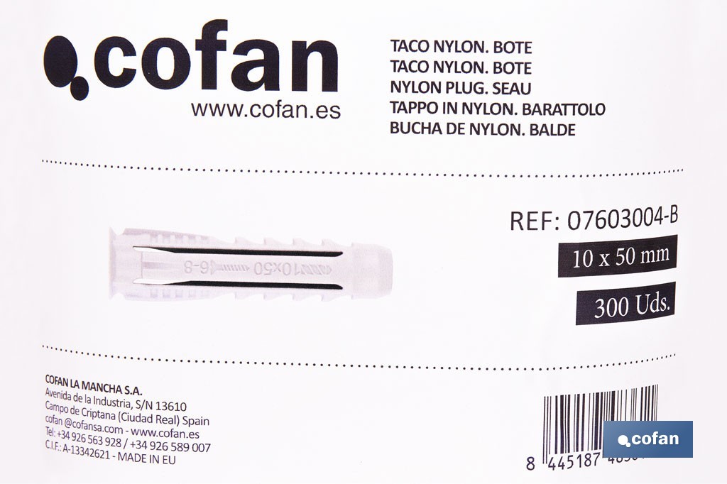 Bote de tacos de nylon multimaterial de 4 segmentos con sistema Anti-Spin | Con collarín de expansión, adecuado para cargas ligeras | Disponible en tres medidas - Cofan
