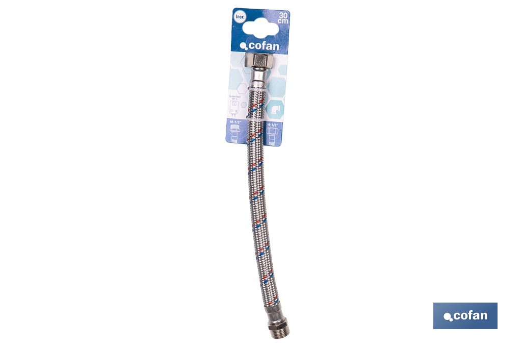 Conexión flexible con rosca macho-hembra | Conexión M1/2" x H1/2" DN13 G1/2" |  Manguera flexible de acero inoxidable | Disponible en diferentes longitudes - Cofan