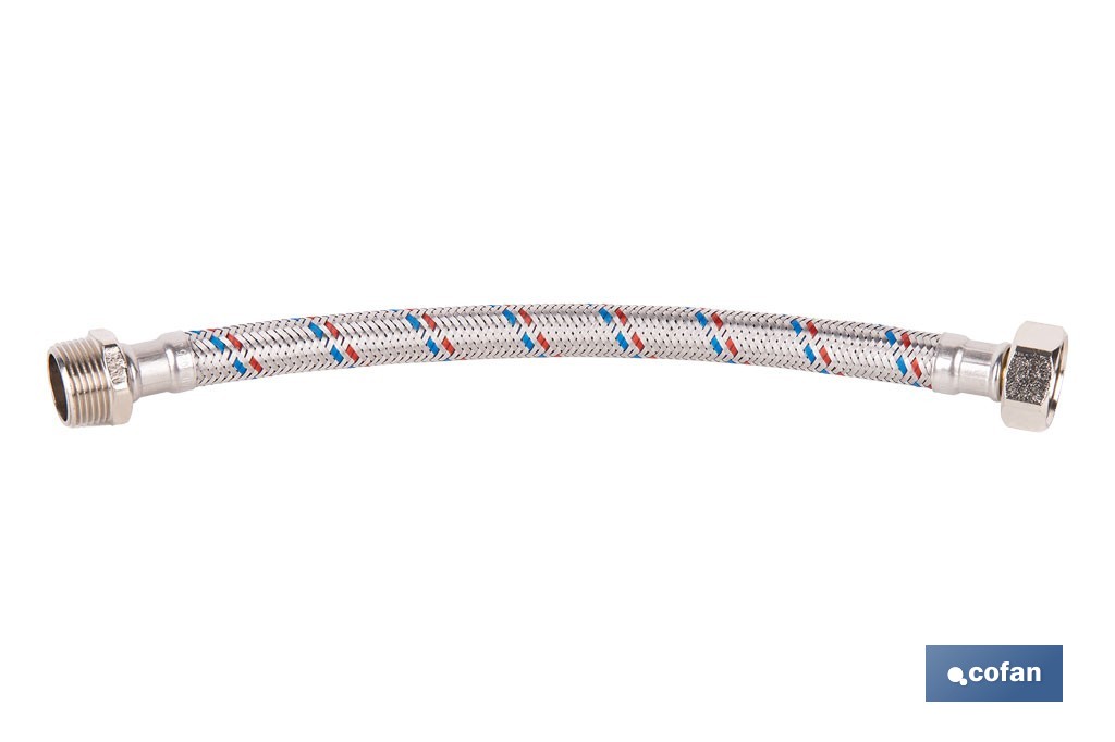 Conexión flexible con rosca macho-hembra | Conexión M1/2" x H1/2" DN13 G1/2" |  Manguera flexible de acero inoxidable | Disponible en diferentes longitudes - Cofan