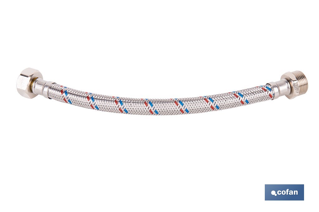Conexión flexible con rosca macho-hembra | Conexión M1/2" x H1/2" DN13 G1/2" |  Manguera flexible de acero inoxidable | Disponible en diferentes longitudes - Cofan