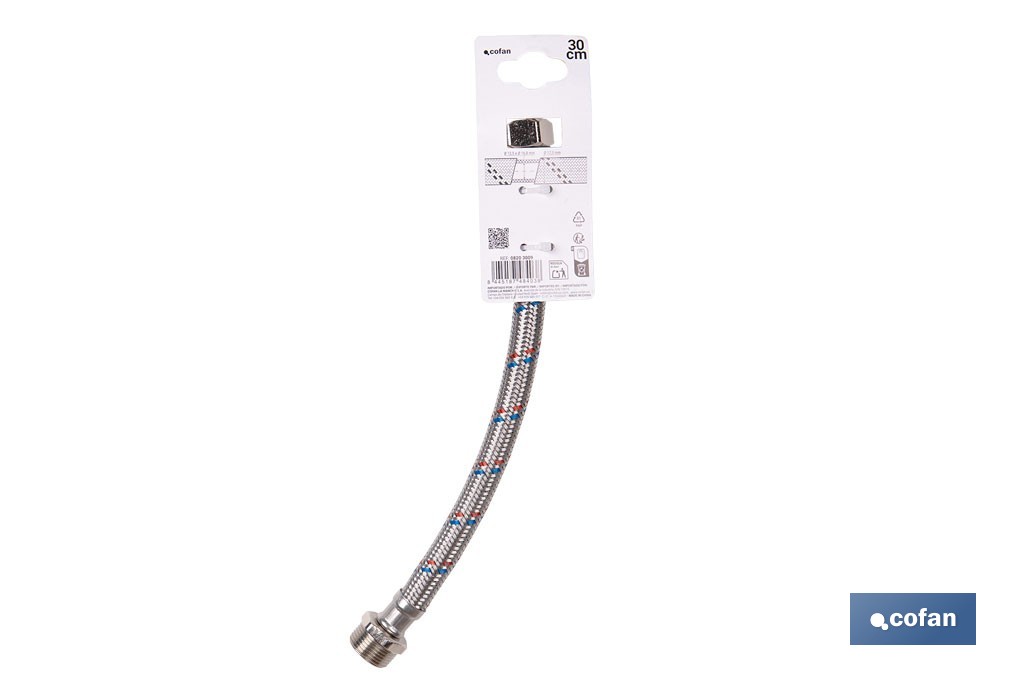 Conexión flexible con rosca macho-hembra | Conexión M1/2" x H1/2" DN13 G1/2" |  Manguera flexible de acero inoxidable | Disponible en diferentes longitudes - Cofan