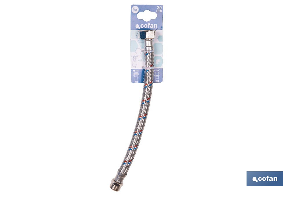 Conexión flexible con rosca macho-hembra | Conexión M1/2" x H1/2" DN13 G1/2" |  Manguera flexible de acero inoxidable | Disponible en diferentes longitudes - Cofan