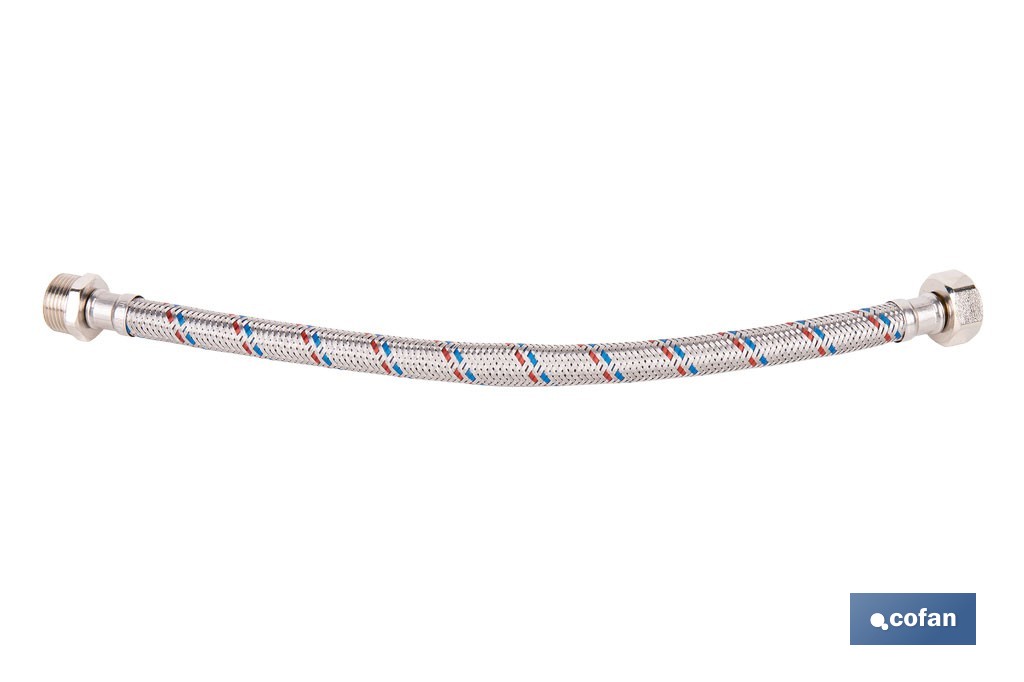 Conexión flexible con rosca macho-hembra | Conexión M1/2" x H1/2" DN13 G1/2" |  Manguera flexible de acero inoxidable | Disponible en diferentes longitudes - Cofan