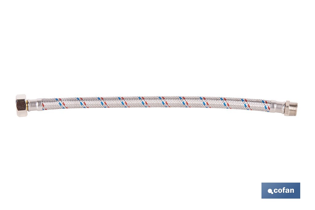 Conexión flexible con rosca macho-hembra | Conexión M1/2" x H1/2" DN13 G1/2" |  Manguera flexible de acero inoxidable | Disponible en diferentes longitudes - Cofan