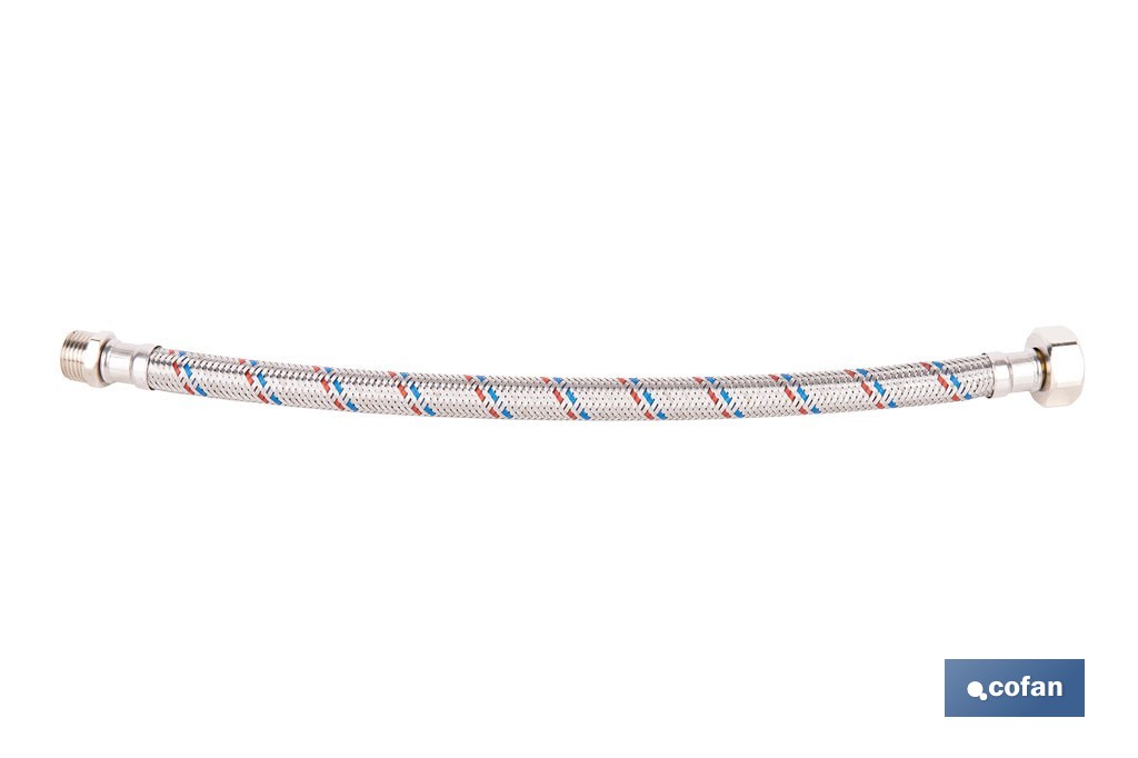 Conexión flexible con rosca macho-hembra | Conexión M1/2" x H1/2" DN13 G1/2" |  Manguera flexible de acero inoxidable | Disponible en diferentes longitudes - Cofan