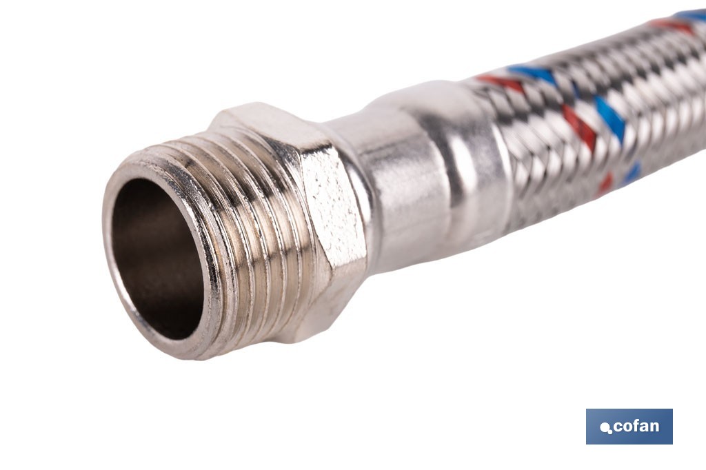 Conexión flexible con rosca macho-hembra | Conexión M1/2" x H1/2" DN13 G1/2" |  Manguera flexible de acero inoxidable | Disponible en diferentes longitudes - Cofan