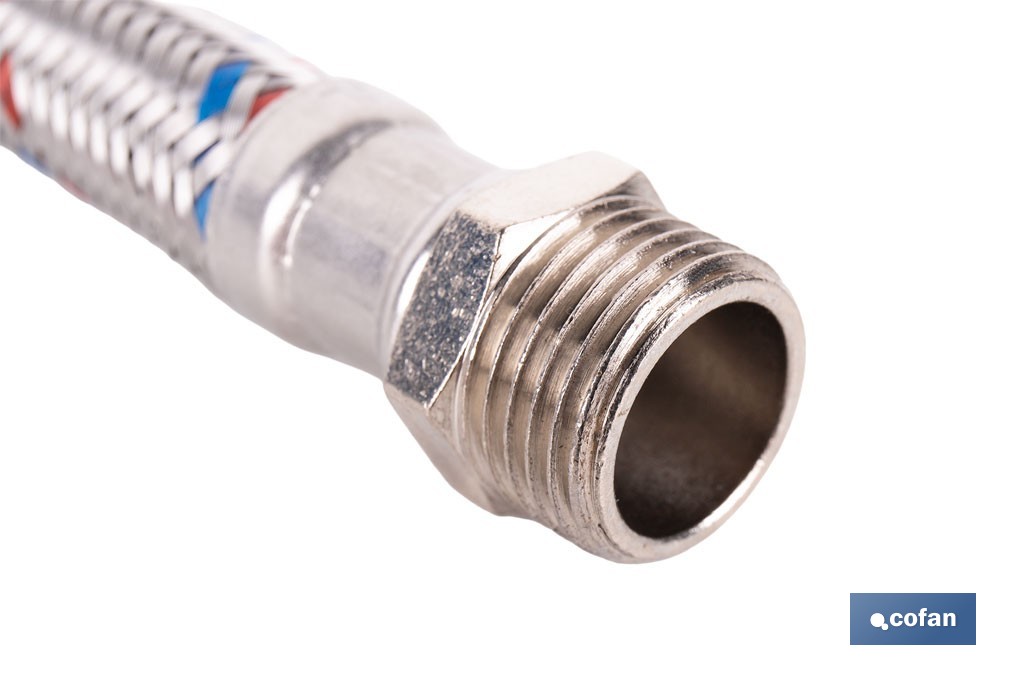 Conexión flexible con rosca macho-hembra | Conexión M1/2" x H1/2" DN13 G1/2" |  Manguera flexible de acero inoxidable | Disponible en diferentes longitudes - Cofan