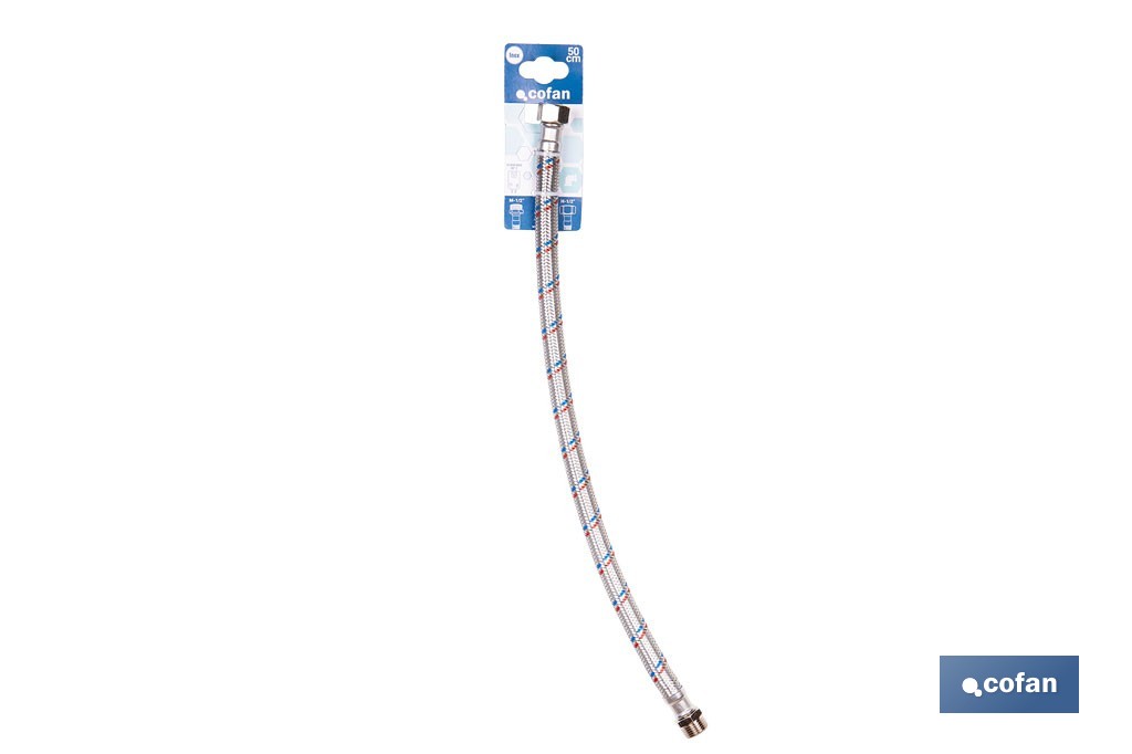 Conexión flexible con rosca macho-hembra | Conexión M1/2" x H1/2" DN13 G1/2" |  Manguera flexible de acero inoxidable | Disponible en diferentes longitudes - Cofan
