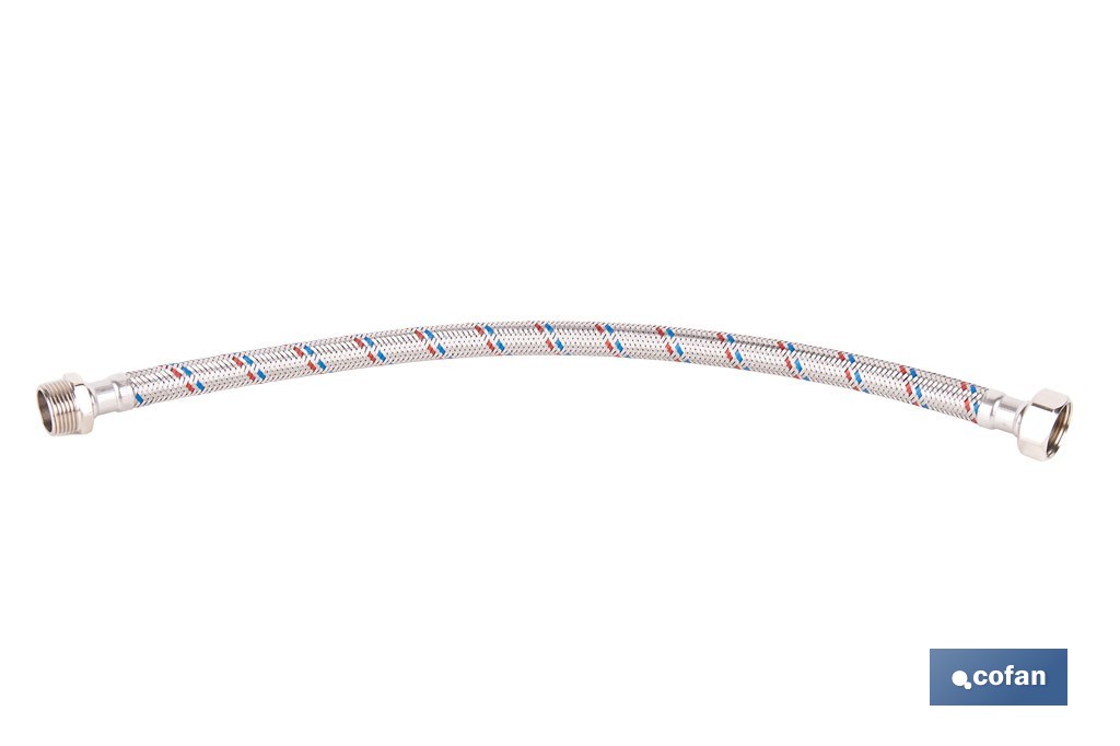 Conexión flexible con rosca macho-hembra | Conexión M1/2" x H1/2" DN13 G1/2" |  Manguera flexible de acero inoxidable | Disponible en diferentes longitudes - Cofan