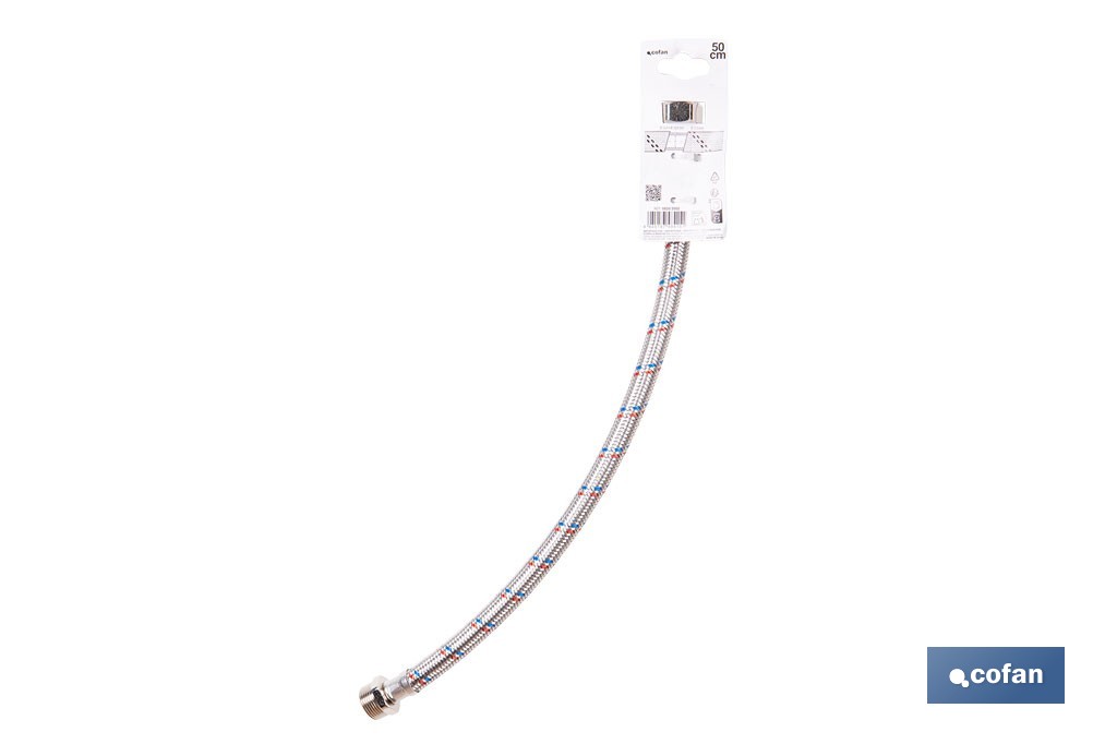 Conexión flexible con rosca macho-hembra | Conexión M1/2" x H1/2" DN13 G1/2" |  Manguera flexible de acero inoxidable | Disponible en diferentes longitudes - Cofan
