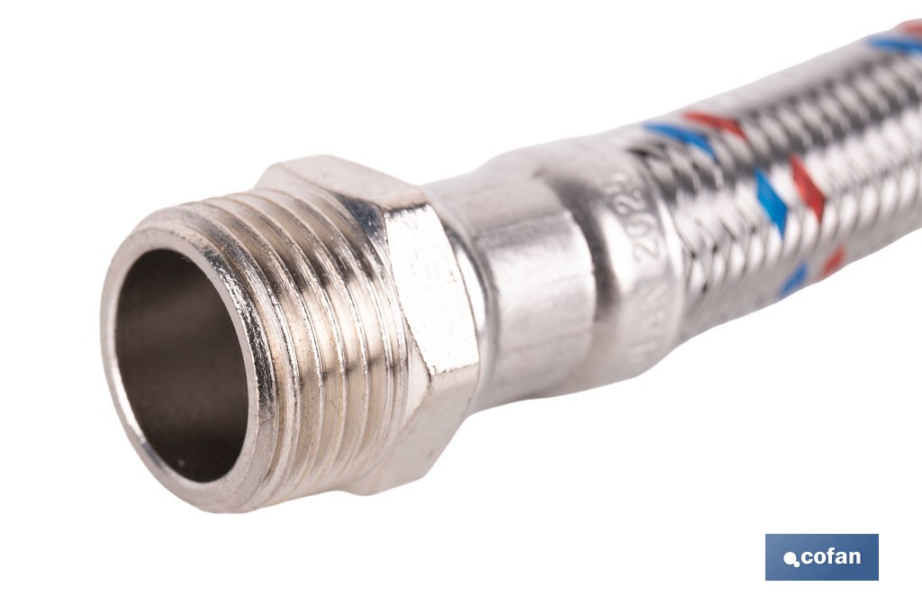 Conexión flexible con rosca macho-hembra | Conexión M1/2" x H1/2" DN13 G1/2" |  Manguera flexible de acero inoxidable | Disponible en diferentes longitudes - Cofan