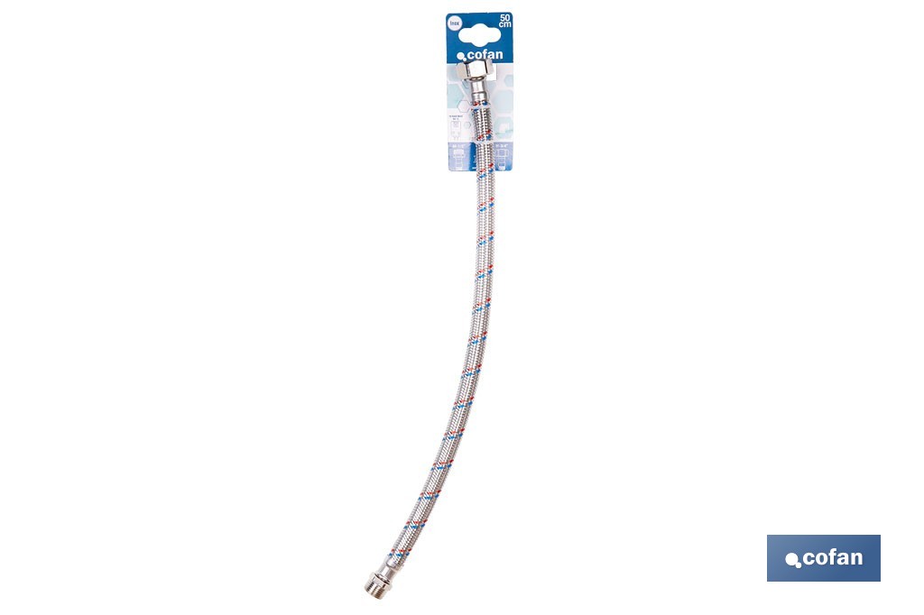 Conexión flexible con rosca macho-hembra | Conexión M1/2" x H1/2" DN13 G1/2" |  Manguera flexible de acero inoxidable | Disponible en diferentes longitudes - Cofan