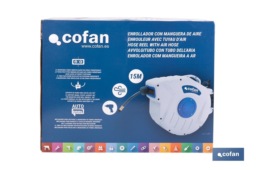 Enrollador Automático de Manguera de Aire | Neumática | Longitud: 15 m | Diámetro: 15 mm - Cofan
