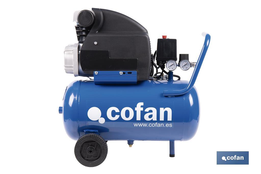 Compresor de aire de pistón coaxial | Motor de 2 HP | Compresor monofásico 230 V | Presión máxima: 8 bares | Depósito de 24 litros | Medidas: 61 x 31 x 58 cm - Cofan