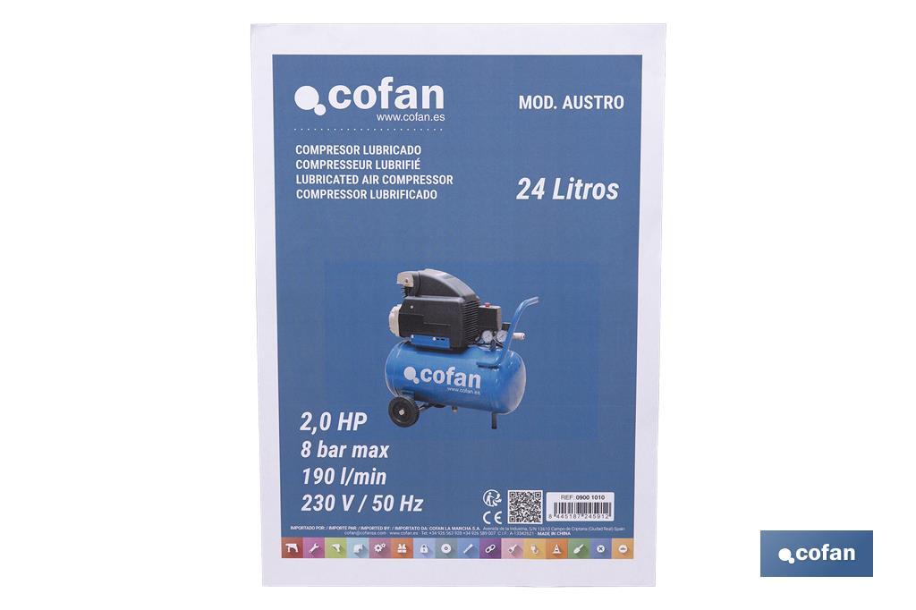 Compresor de aire de pistón coaxial | Motor de 2 HP | Compresor monofásico 230 V | Presión máxima: 8 bares | Depósito de 24 litros | Medidas: 61 x 31 x 58 cm - Cofan