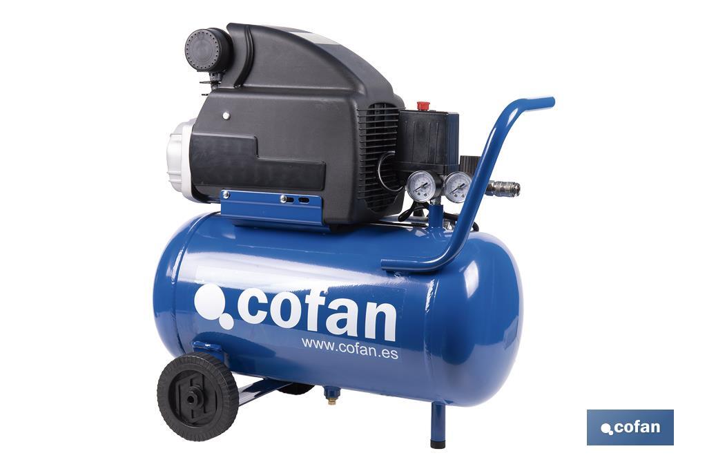 Compresor de aire de pistón coaxial | Motor de 2 HP | Compresor monofásico 230 V | Presión máxima: 8 bares | Depósito de 24 litros | Medidas: 61 x 31 x 58 cm - Cofan