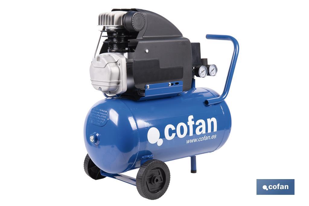 Compresor de aire de pistón coaxial | Motor de 2 HP | Compresor monofásico 230 V | Presión máxima: 8 bares | Depósito de 24 litros | Medidas: 61 x 31 x 58 cm - Cofan