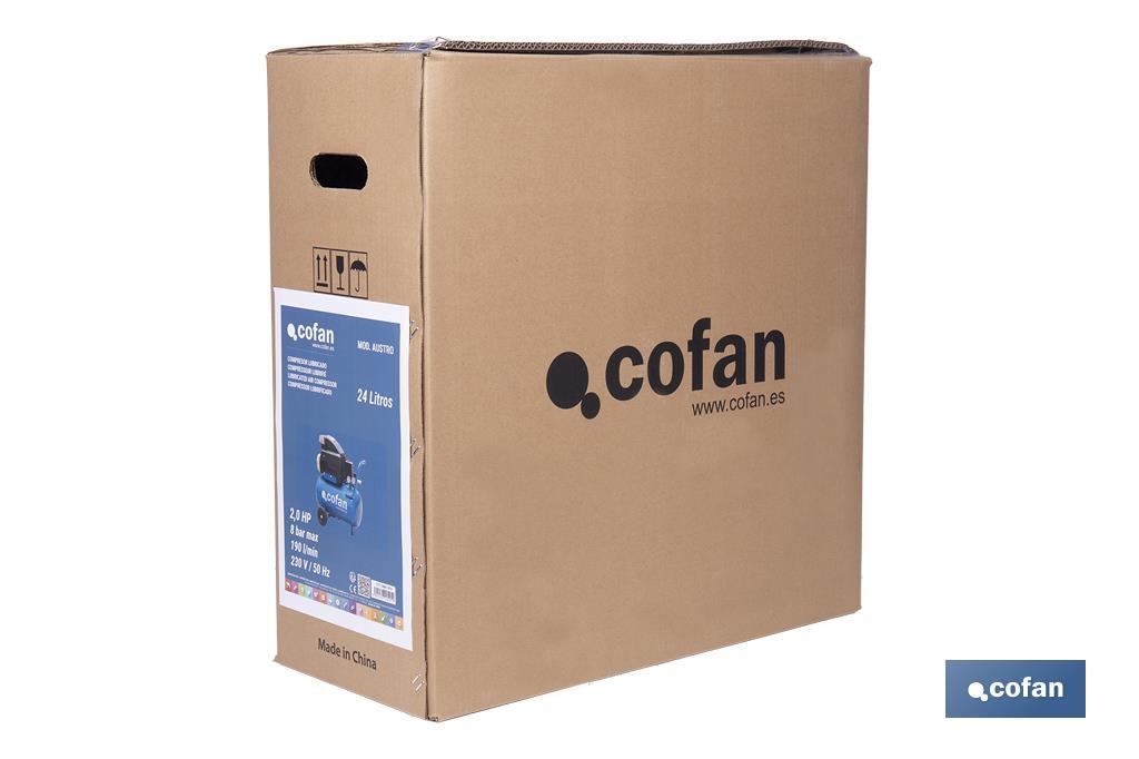Compresor de aire de pistón coaxial | Motor de 2 HP | Compresor monofásico 230 V | Presión máxima: 8 bares | Depósito de 24 litros | Medidas: 61 x 31 x 58 cm - Cofan
