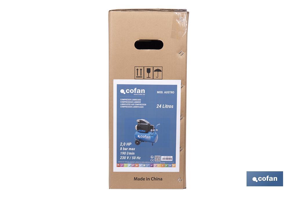 Compresor de aire de pistón coaxial | Motor de 2 HP | Compresor monofásico 230 V | Presión máxima: 8 bares | Depósito de 24 litros | Medidas: 61 x 31 x 58 cm - Cofan
