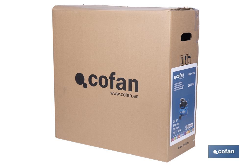 Compresor de aire de pistón coaxial | Motor de 2 HP | Compresor monofásico 230 V | Presión máxima: 8 bares | Depósito de 24 litros | Medidas: 61 x 31 x 58 cm - Cofan