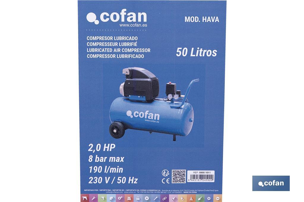 Compresor de aire de pistón coaxial | Motor de 2 HP | Compresor monofásico 230 V | Presión máxima: 8 bares | Depósito de 50 litros | Medidas: 77 x 43 x 66 cm - Cofan