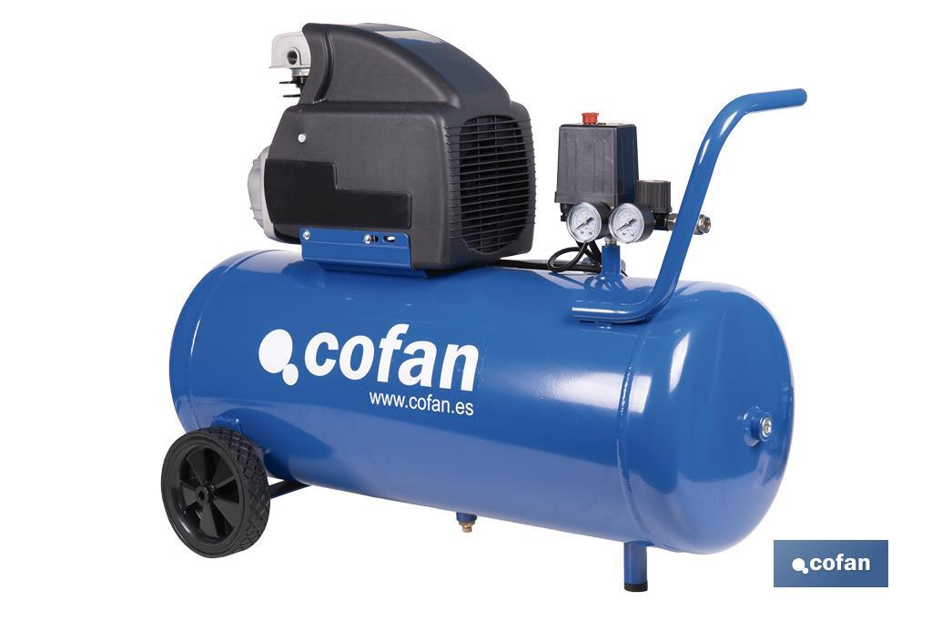 Compresor de aire de pistón coaxial | Motor de 2 HP | Compresor monofásico 230 V | Presión máxima: 8 bares | Depósito de 50 litros | Medidas: 77 x 43 x 66 cm - Cofan