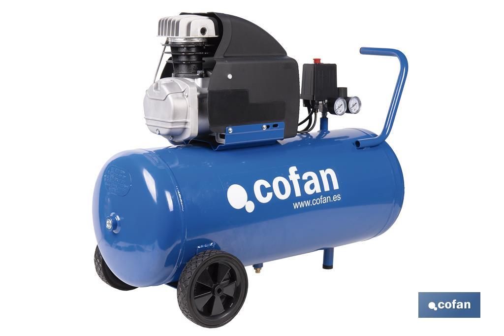 Compresor de aire de pistón coaxial | Motor de 2 HP | Compresor monofásico 230 V | Presión máxima: 8 bares | Depósito de 50 litros | Medidas: 77 x 43 x 66 cm - Cofan
