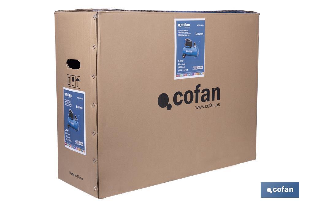 Compresor de aire de pistón coaxial | Motor de 2 HP | Compresor monofásico 230 V | Presión máxima: 8 bares | Depósito de 50 litros | Medidas: 77 x 43 x 66 cm - Cofan