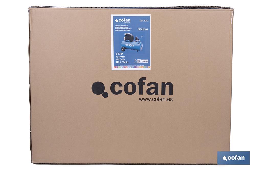 Compresor de aire de pistón coaxial | Motor de 2 HP | Compresor monofásico 230 V | Presión máxima: 8 bares | Depósito de 50 litros | Medidas: 77 x 43 x 66 cm - Cofan