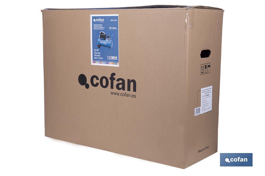 Compresor de aire de pistón coaxial | Motor de 2 HP | Compresor monofásico 230 V | Presión máxima: 8 bares | Depósito de 50 litros | Medidas: 77 x 43 x 66 cm - Cofan