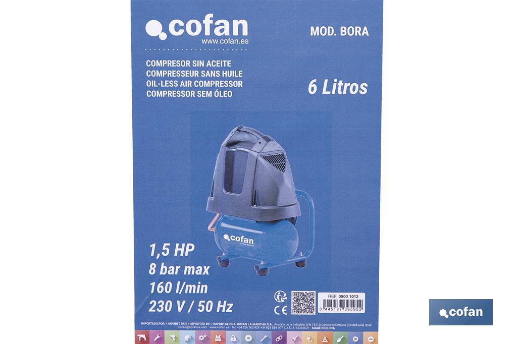 Compresor de pistón coaxial portátil 1,5 HP | Ultraligero y compacto | 6 litros | 2450 rpm | Para uso doméstico y profesional - Cofan