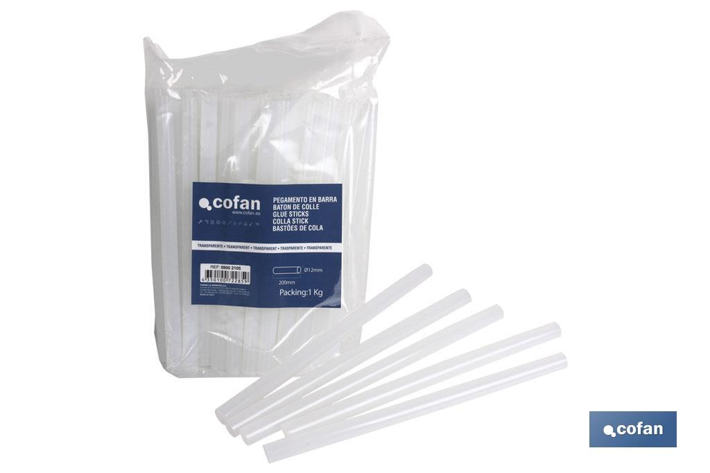 Hot melt glue sticks of Ø12 and 200mm in length | Transparent colour sticks available in packs of 1 kilogram - Cofan