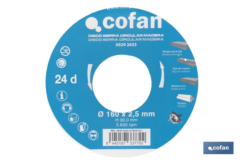 Hoja de sierra circular | Disco de corte para madera | Diferentes números de dientes | Amplia variedad de medidas - Cofan