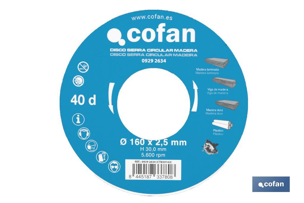 Hoja de sierra circular | Disco de corte para madera | Diferentes números de dientes | Amplia variedad de medidas - Cofan