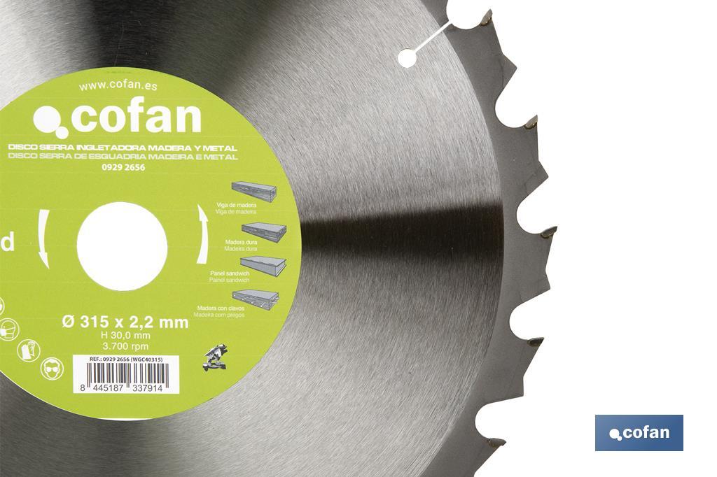 Mitre saw blade | Suitable for cutting wood and metal | Available in different teeth: 24, 28 and 32 | Available in different sizes - Cofan