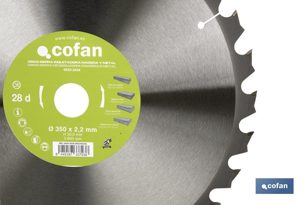Mitre saw blade | Suitable for cutting wood and metal | Available in different teeth: 24, 28 and 32 | Available in different sizes - Cofan