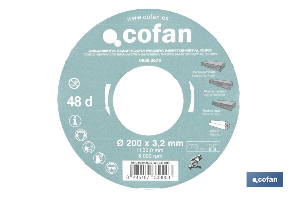 Hoja de sierra ingletadora | Disco de corte con insertos para madera | Inserto de metal duro | Diferentes dientes y varias medidas - Cofan