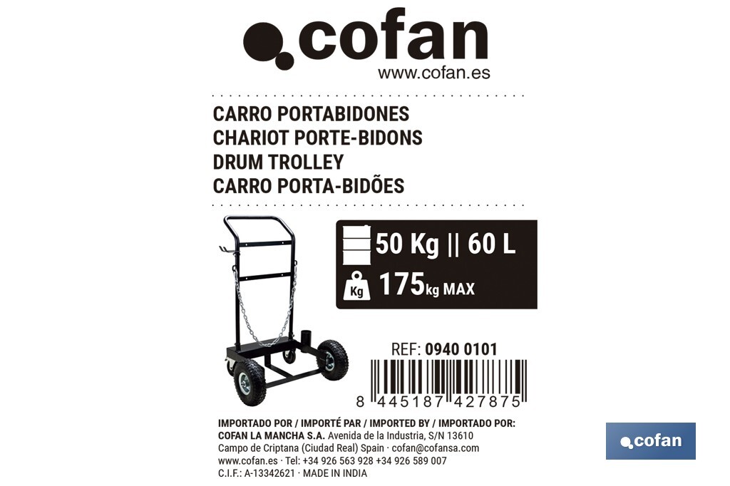 Carro portabidones de acero con ruedas antipinchazo | Cadena de seguridad | Alta resistencia y maniobrabilidad | Adecuado para bidones de 60 litros - Cofan