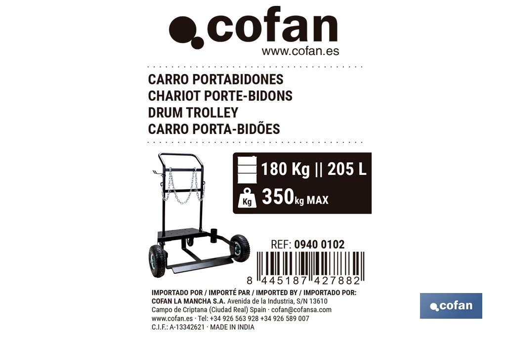 Carro portabidones de acero con ruedas antipinchazo | Cadena de seguridad | Alta resistencia y maniobrabilidad | Adecuado para bidones de 205 litros - Cofan