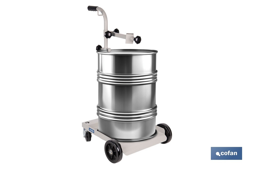 Carretilla portabidones | Ruedas de poliuretano con rodamientos y nylon | Mango acolchado | Ideal para talleres e industria | Adecuada para bidones de 60 litros - Cofan
