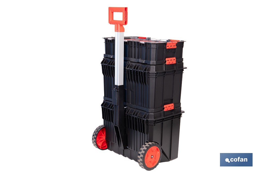 Set modular con 3 cajas de herramientas | Con ruedas, asa telescópica, módulos apilables | Medidas: 53 x 35,5 x 82,5 cm - Cofan