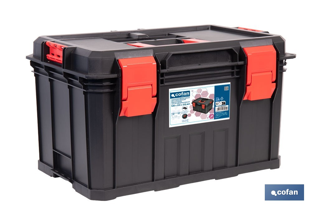Caja de herramientas modular con separadores removibles y conectores | Capacidad de carga: 50 kg | Compatible con set modular | Medidas: 53 x 35,5 x 31 cm - Cofan