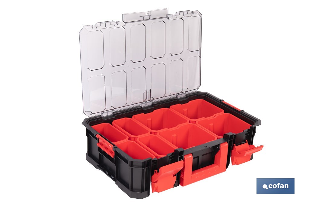Caja de herramientas modular con organizadores | Tapa de policarbonato | Incluye 8 compartimentos | Capacidad de carga: 20 kg | Compatible con set modular | Medidas: 51,7 x 33,1 x 13,4 cm - Cofan