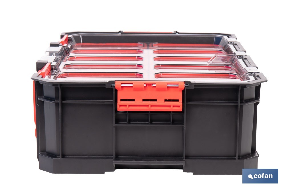 Caja de herramientas modular con organizadores | Tapa de policarbonato | Incluye 8 compartimentos | Capacidad de carga: 20 kg | Compatible con set modular | Medidas: 51,7 x 33,1 x 13,4 cm - Cofan