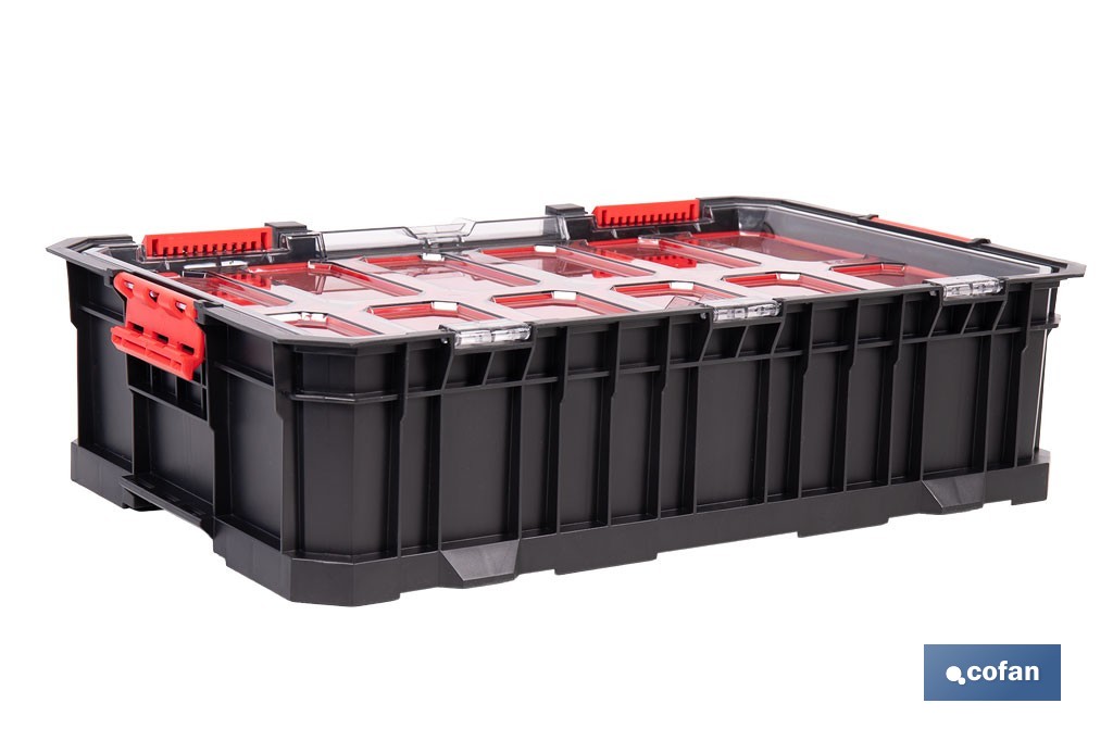 Caja de herramientas modular con organizadores | Tapa de policarbonato | Incluye 8 compartimentos | Capacidad de carga: 20 kg | Compatible con set modular | Medidas: 51,7 x 33,1 x 13,4 cm - Cofan