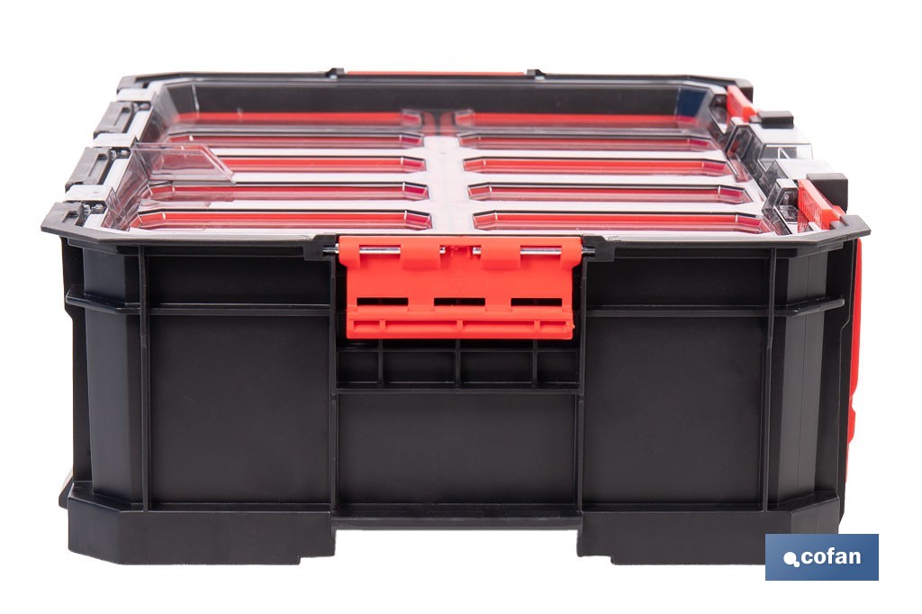 Caja de herramientas modular con organizadores | Tapa de policarbonato | Incluye 8 compartimentos | Capacidad de carga: 20 kg | Compatible con set modular | Medidas: 51,7 x 33,1 x 13,4 cm - Cofan